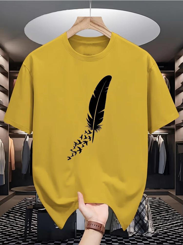 2026 New Summer Unisexs Tshirt 100 Cotton Printed Feather Pattern Casual Comfortable Loose Fit Sporty Style