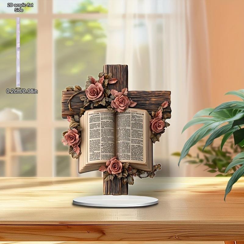 2D Flat, Cross Rose Bookshelf Acrylic Desktop Decoration, with Base, Suitable for Wall Decoration, Porch, Room, Villa, Accents Home, Hallway, or Workp