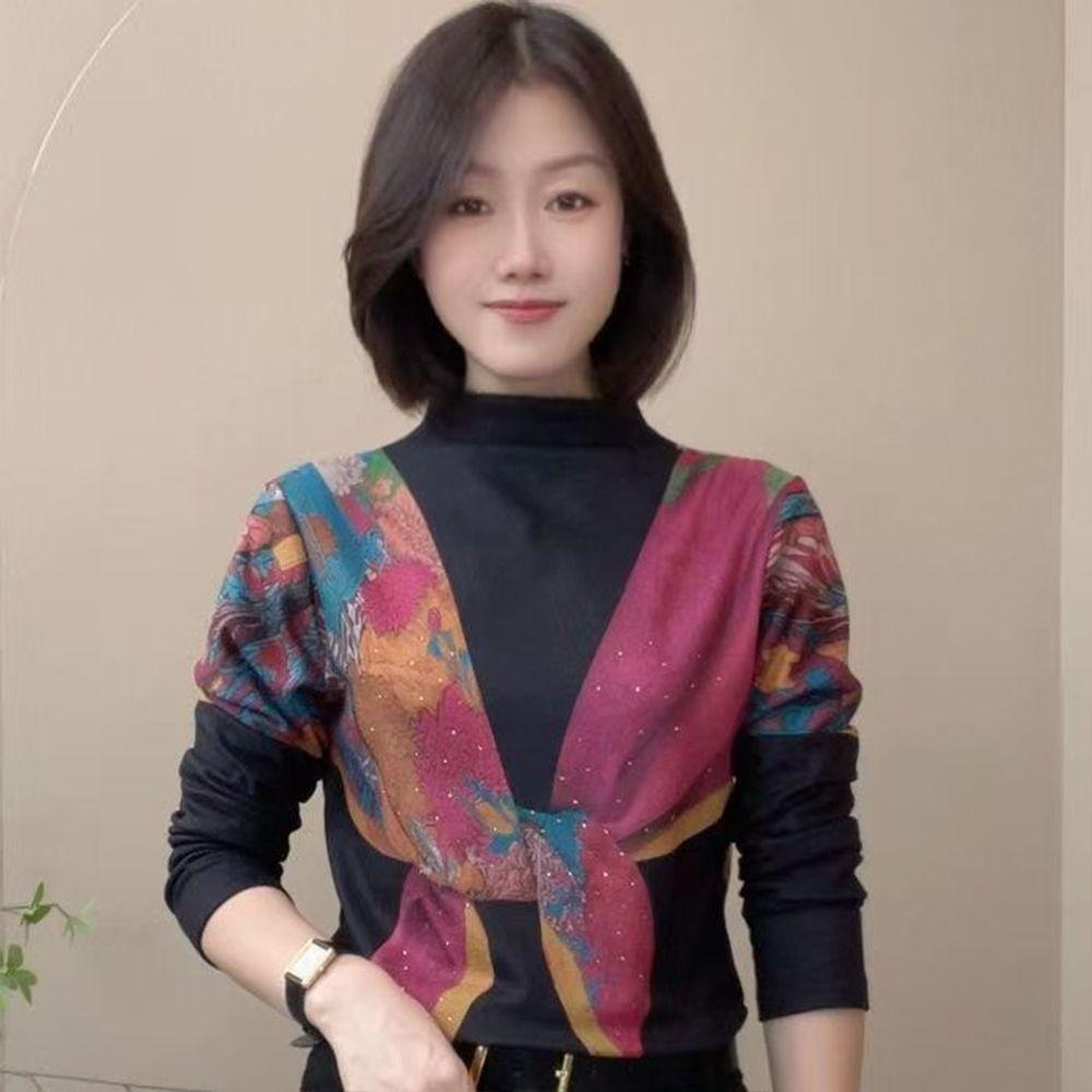 Elegant Printed Two-Piece Long-Sleeve Tummy-Covering Top for Middle-Aged and Elderly Mothers M розовый