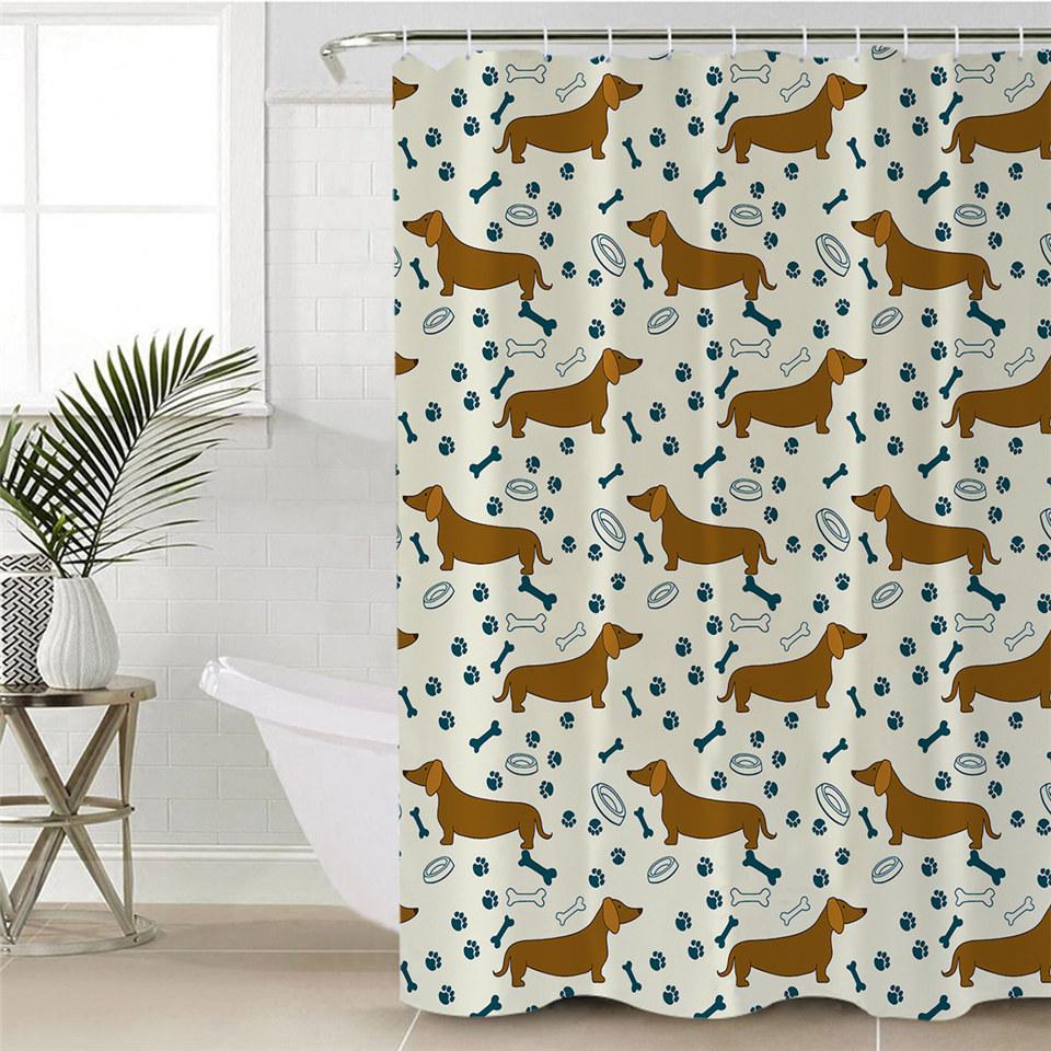 Dachshund Cartoon Dog Shower Curtain Polyester Waterproof Curtain Geometric Striped Kids Bath Curtain Home Decor with Hooks