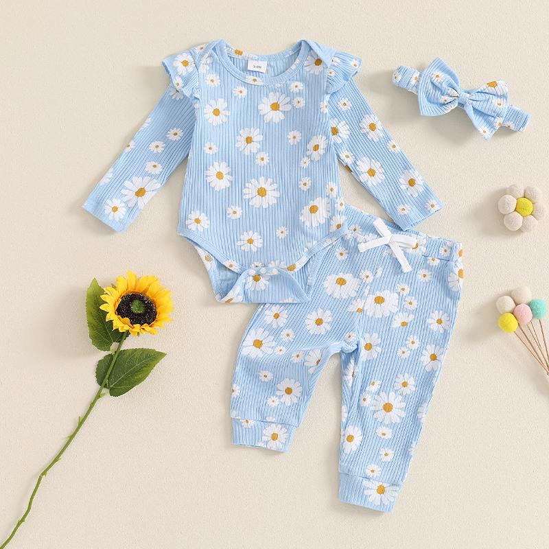 Citgeett Autumn Infant Baby Girl Fall Outfit Daisy Print Long Sleeve Romper Pants Headband Clothes Set