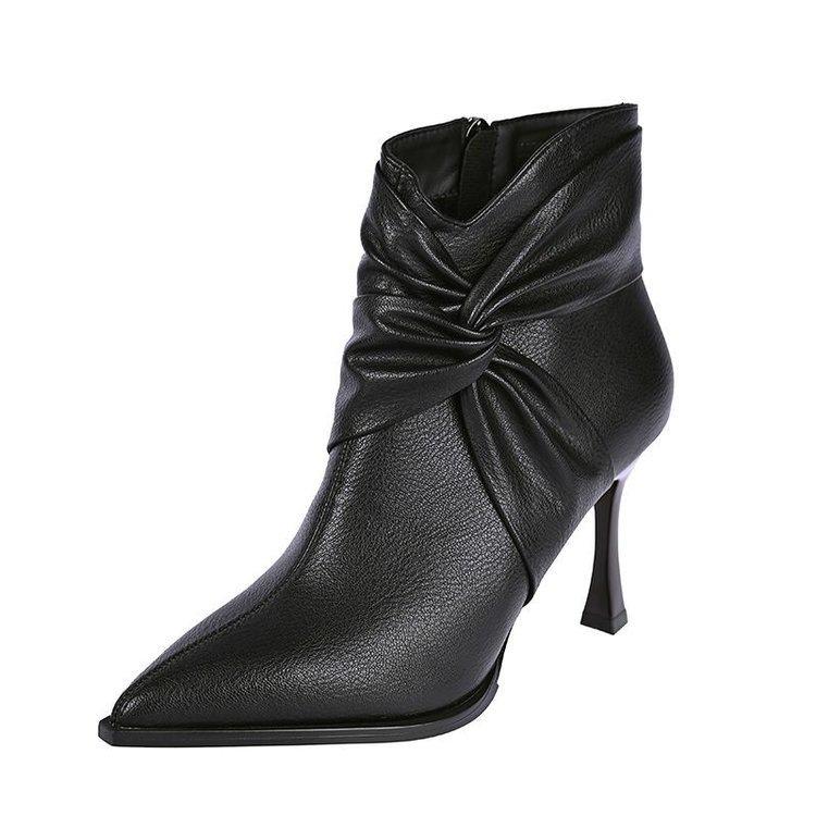 Pleated pile boots pointed short boots new autumn and winter boots niche boots thin boots stiletto high heels