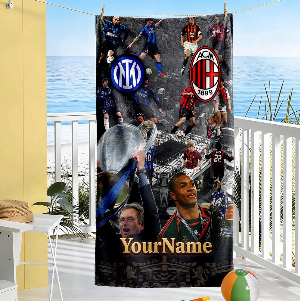 Inter Milan Customize Text Beach Towel Quick-Dry Soft Microfiber Ideal for Travel Outdoor Swim Pool Yoga Surf Camping Hiking Gym Gift Holiday