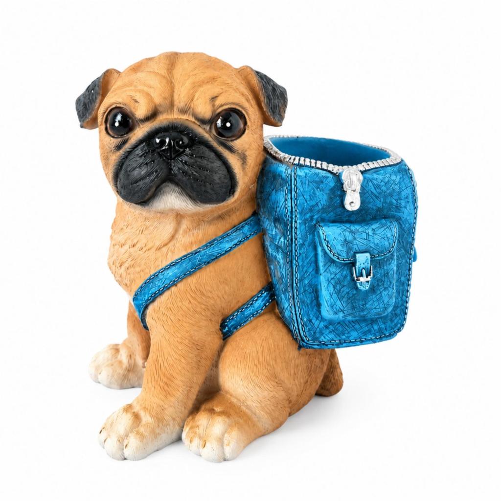 PugShaped Pen Holder Decorative Pug Desk Organizer with Front Pocket Playful Canine Sculpture