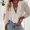 Camicette e camicie con scollo a V a maniche lunghe con stampa tinta unita primavera estate casual alla moda da donna
