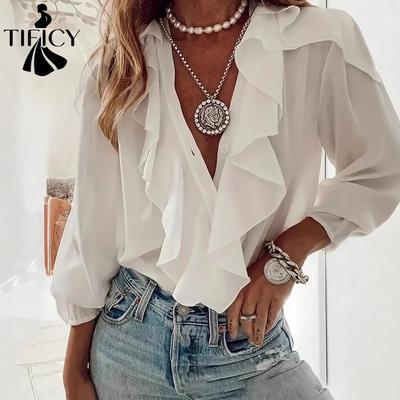 Blusas y camisas con cuello en V de manga larga con estampado de Color sólido informal de moda para mujer