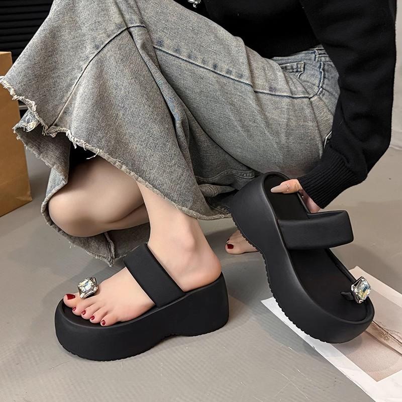 Small height increase super high heel flip-flops women's summer wear muffin bottom cover toe rhinestone thick bottom cool slippers