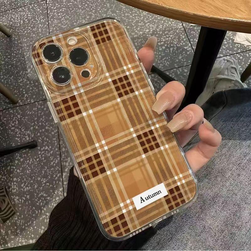 Brown striped grid applies to Apple 16promax mobile phone case 15plus creative 14 advanced sense 13pro personality X