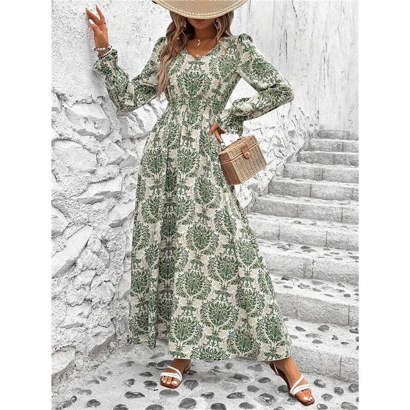 European And American Women's Summer Printed Long Skirt, V-neck, Long-sleeved, Big Swing Dress, Loose Temperament, Elegant Long Skirt