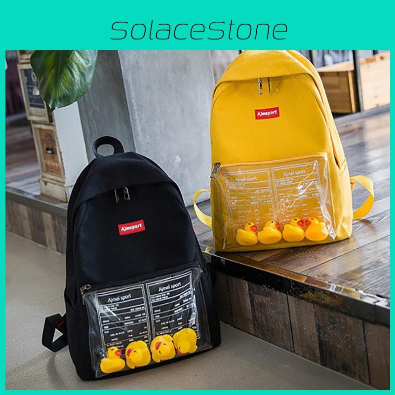Durable Canvas Womens Backpack With Fun Duck Toy And Transparent School Bag Design