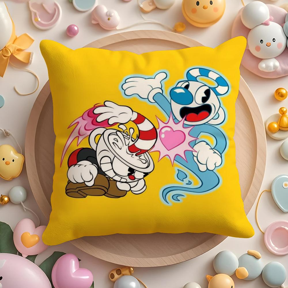 Classic Cute Game C-Cuphead Cushion Cover Plush Fabric Soft Double-Sided Printed Sofa Pillow Case Colorfast Home Decor Gift