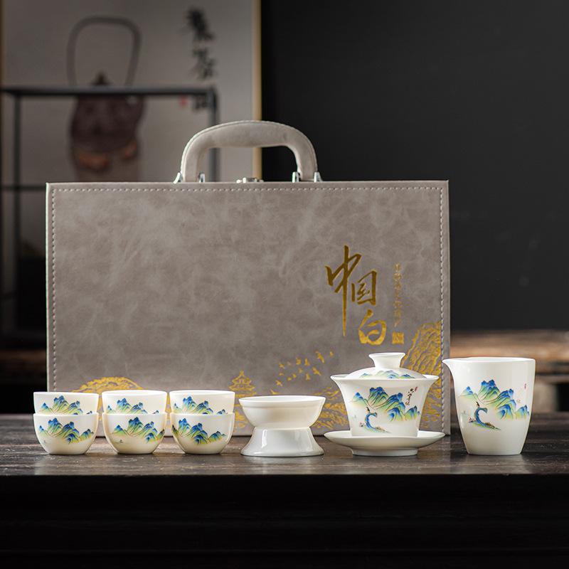 Elegant Jade White Porcelain Gongfu Tea Set - Luxury Portable Gift for Business Events