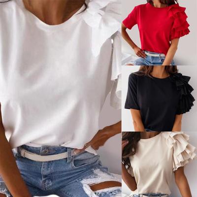 O-neck Anti Pilling Stretchy Women T-shirt Layered Ruffle Short Sleeve Blouse Ladies Clothing