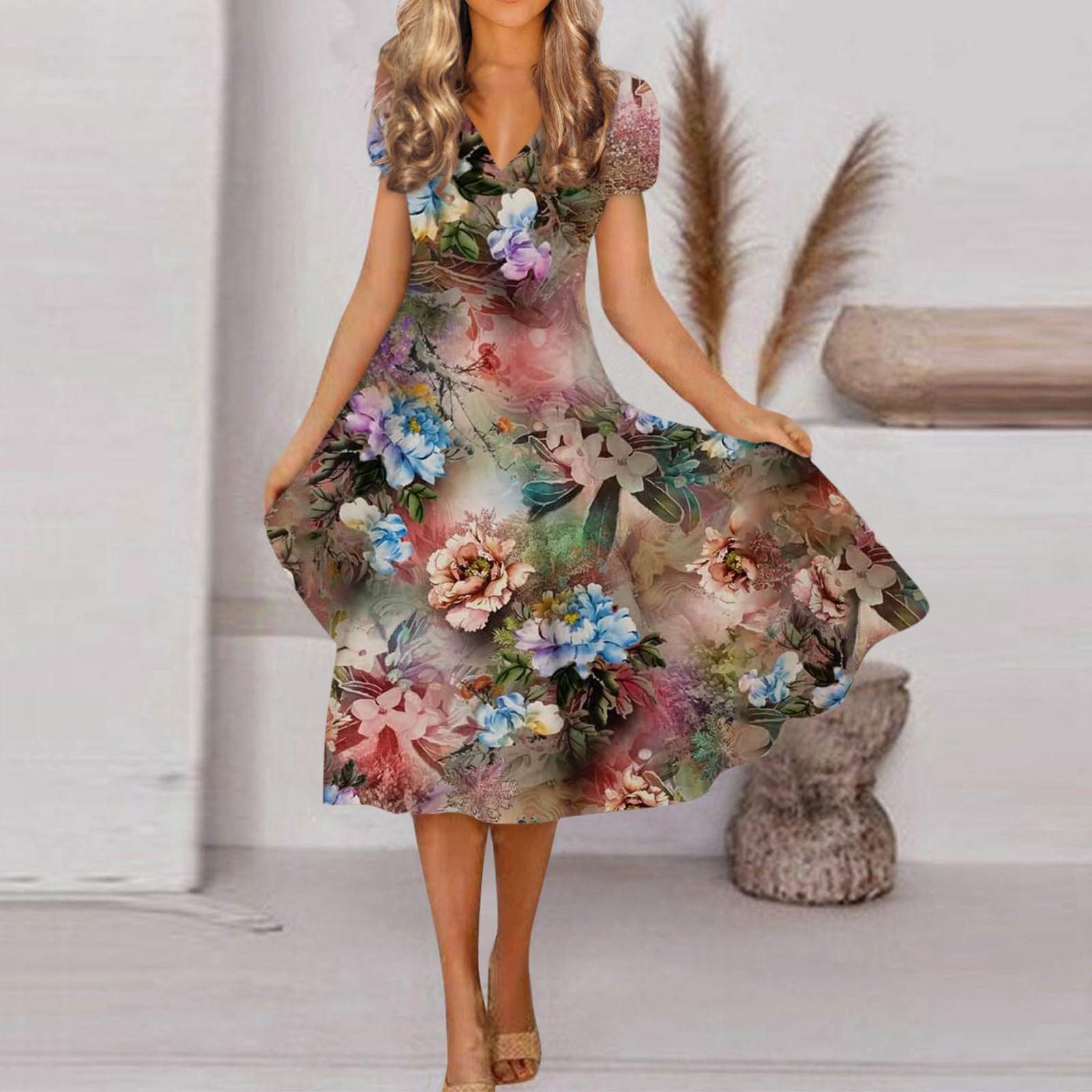 

(Куниде) Женское весенне-летнее модное платье с V-образным вырезом и коротким рукавом с цветочным принтом и свободным подолом XXXXL