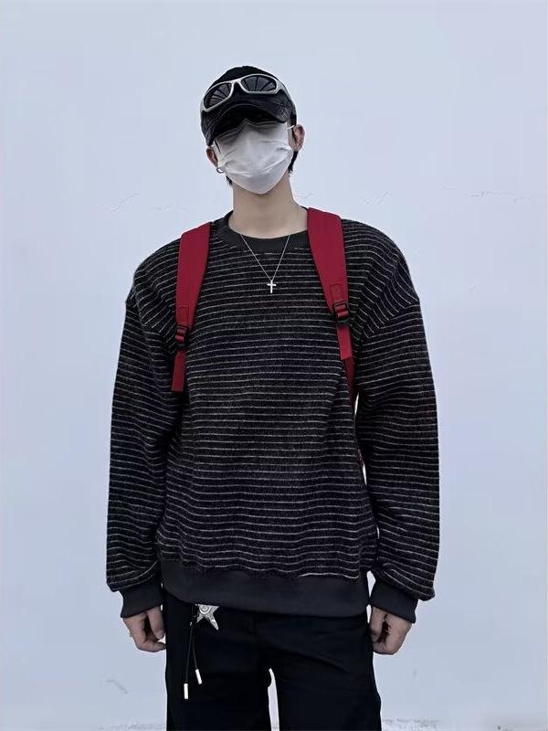 Unisex Oversized Striped Crewneck Sweatshirt - Trendy Autumn/Winter Couple's and Student Class Top