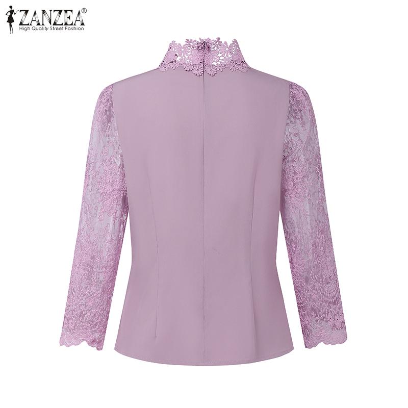 ZANZEA Damen 3/4-Ärmel Casual Durchsichtige Spitze Patchwork Bluse