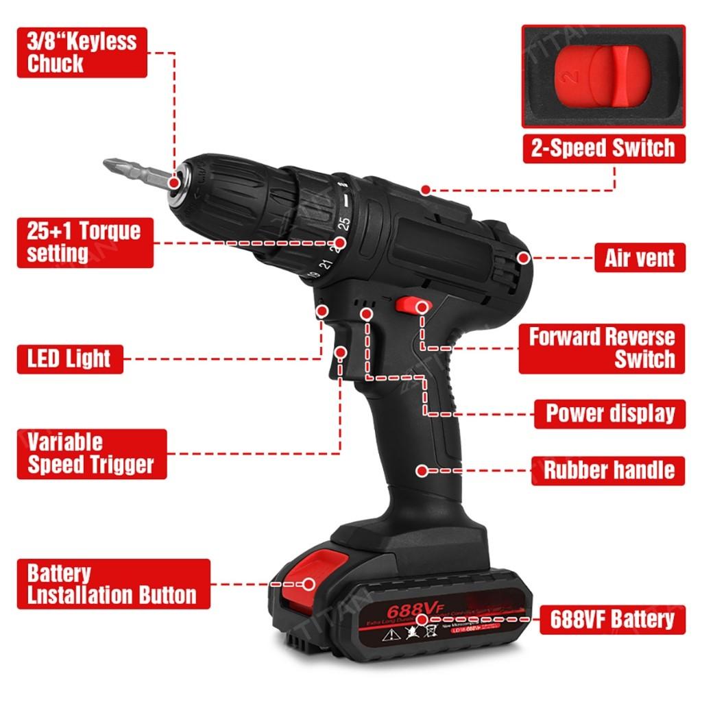 88VF Cordless Electric Drill Cordless Drill Set 27PCS Electric Screwdriver Drill Power Tool