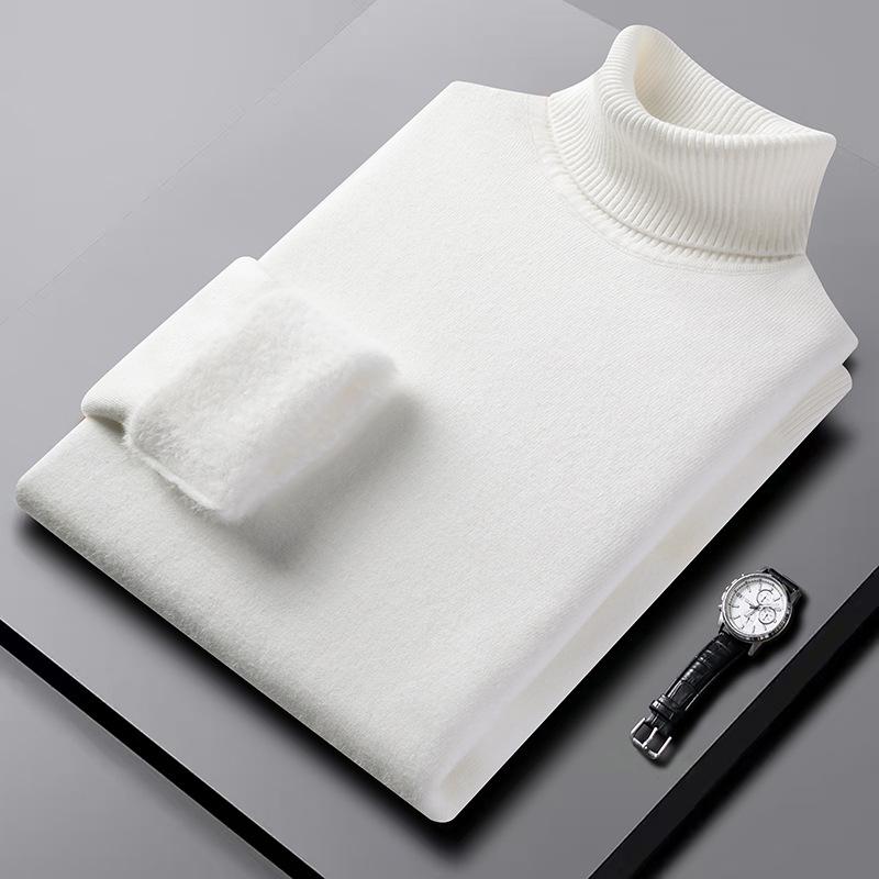 [Machine Washable] Men'S Semi-Turtleneck Sweater Integrated Fleece Winter Fleece Warm Sweater Close-Fitting Knitted Bottoming Shirt