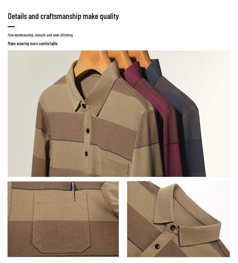 Men's Striped Long Sleeve Polo Shirt with Pockets - Casual Lapel Base Layer Top
