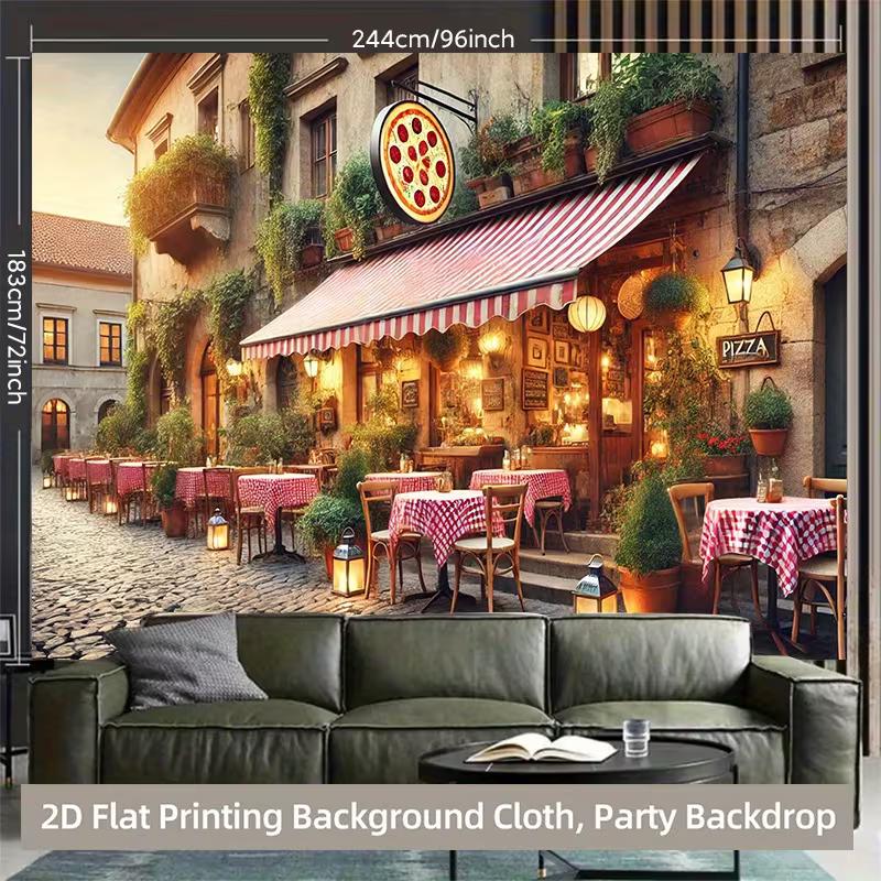 Italian Restaurant Scene Tapestry, Outdoor Pizza Shop Wall Hanging for Live Streaming