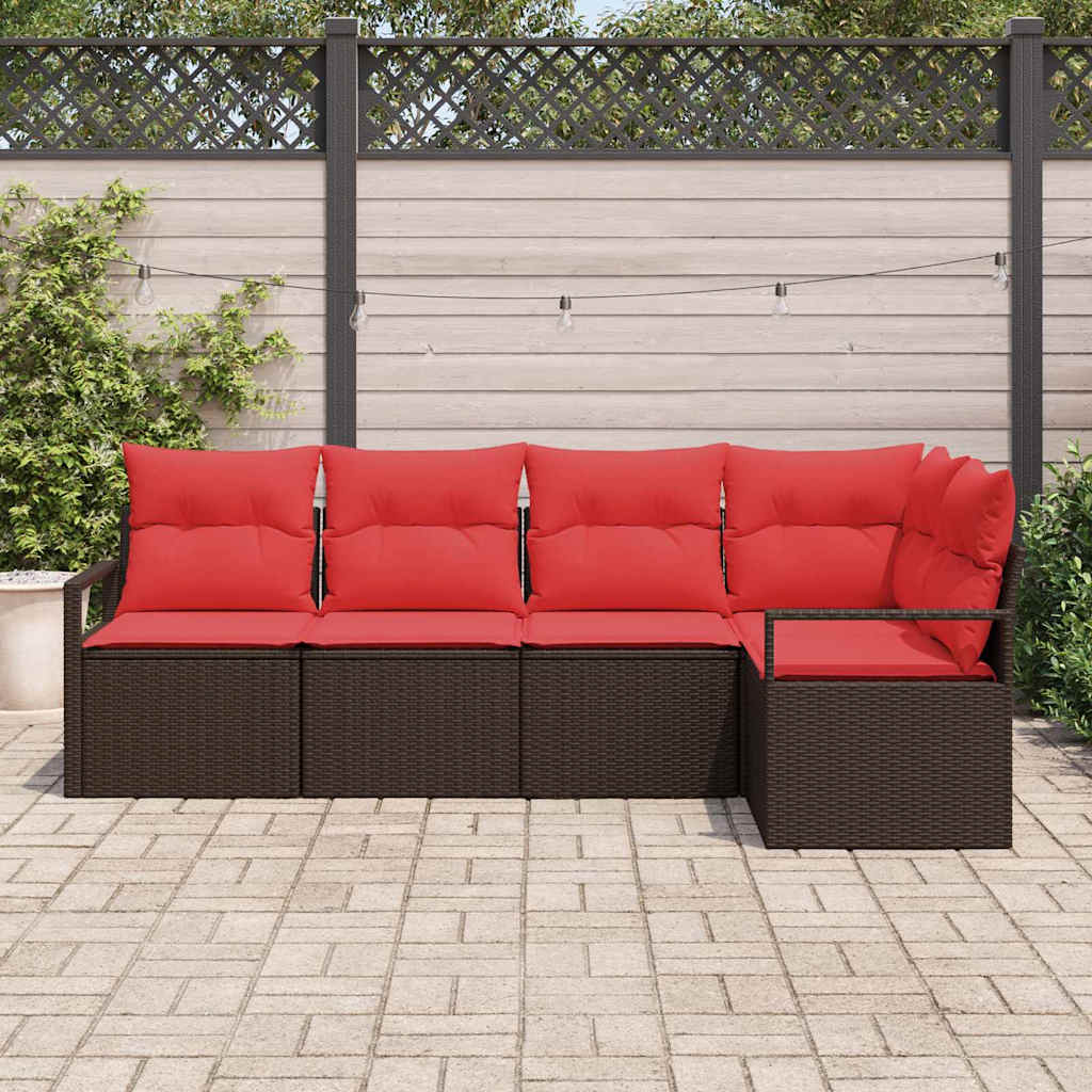 Garden Sofa Set with Cushions 5 pcs Brown and Red Poly Rattan