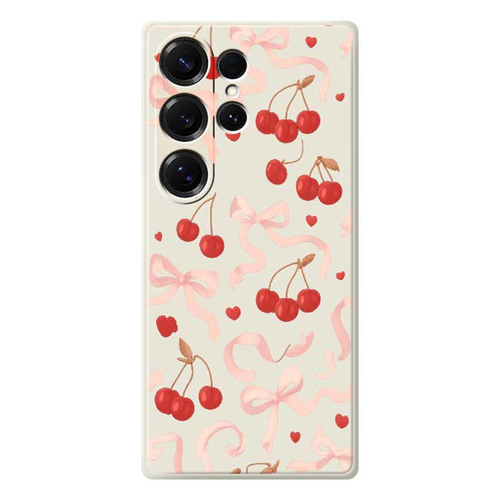 For Samsung Galaxy S25 Ultra Case Big Bow Cherry Pattern Printing Straight Edge TPU Phone Back Cover