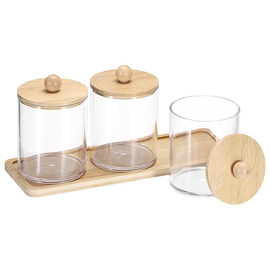 3 Pcs Bathroom Jar Qtip Holder with Vanity Tray Clear Cotton Ball Holder Cotton Swab Dispenser Bathroom Storage Canister