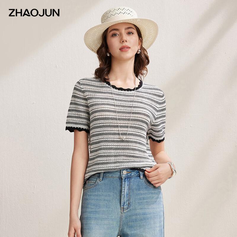 Zhaojun Women s Linen Blend Striped Knit Short Sleeve T-Shirt L