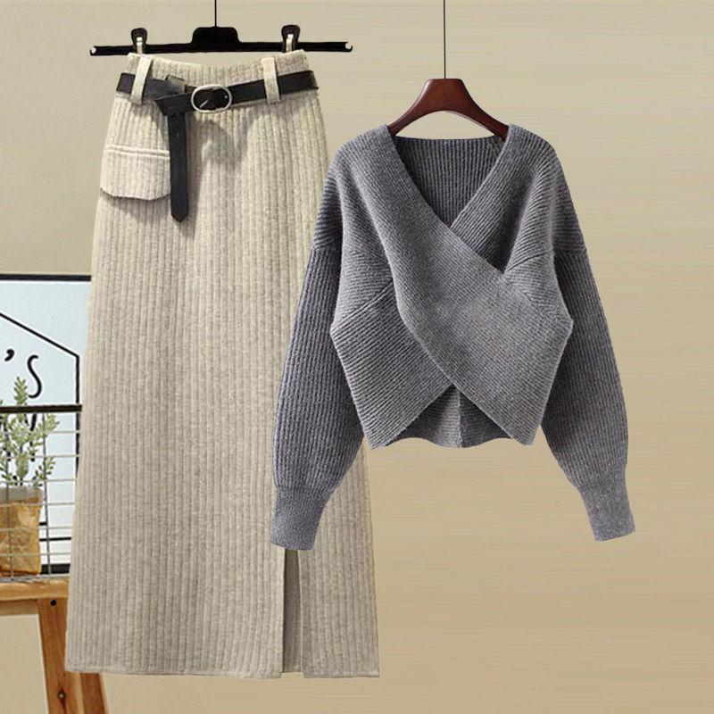 Women's Autumn Korean-Style Slimming Sweater and High-Waist Midi Skirt Set, G Size, 2025 Collection