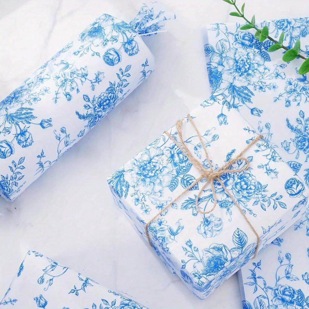 1 Set/ 20 Stück Großformatiges Blaues Floral Seidenpapier, Geschenkpapier, Vintage Blaues Und Weißes Blumen-Kunstdruckpapier Für DIY-Bastelarbeiten