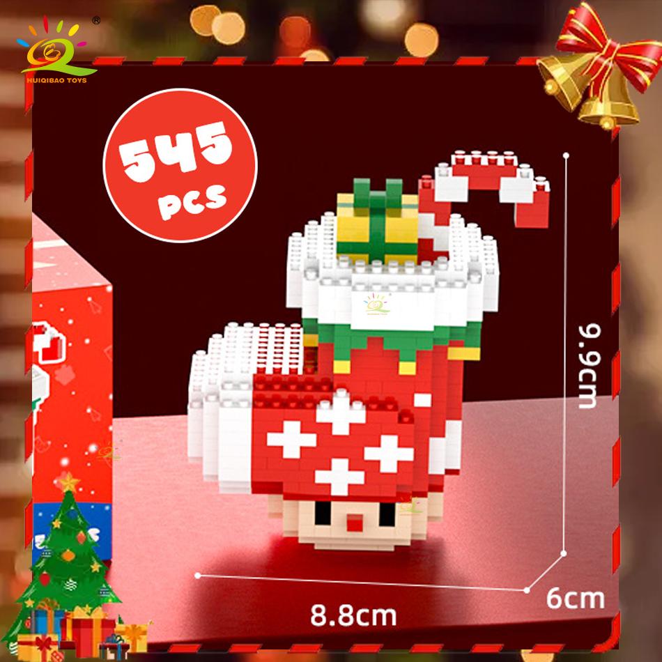 HUIQIBAO Mini Christmas Tree Santa Claus Children Train Model Micro Bricks Building Block Snowman Elk Bricks Toys New Year Gift