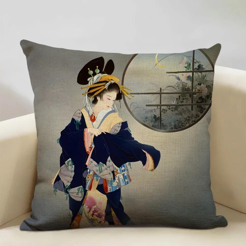 Classic Japanese Lady Decorative Cushion Cover Living Room Sofa Pillow Case 45x45cm Linen Pillowcase Home Art Decor