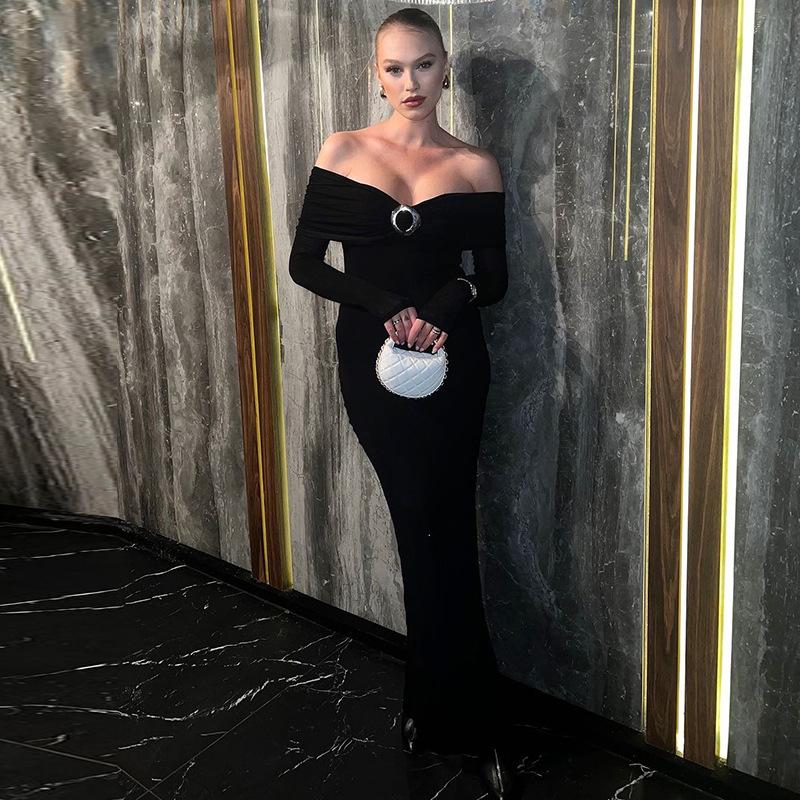 

Длинное сексуальное платье макси с открытыми плечами и длинными рукавами для женщин, осеннее новое облегающее элегантное длинное платье без бретелек с открытой спиной для клубной вечеринки L чёрный