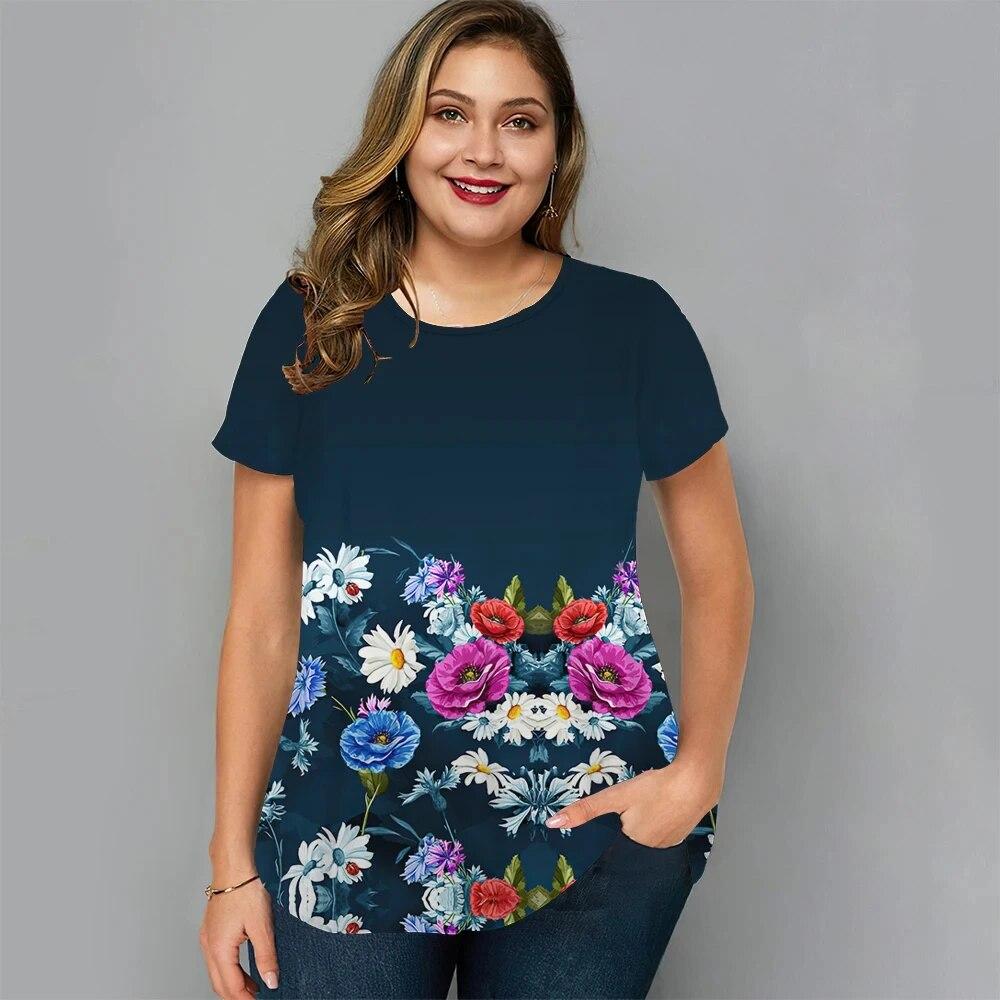 Women's T-Shirts 3d Flower Print Clothing Summer Daily Wear Apparel Oversized Round Neck Short-Sleeved Top Fashion Madam T-Shirt