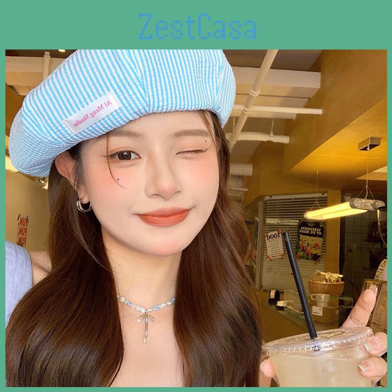 Summer Sweet Cute Checkered Beret Hat For Women Unisex Lightweight Breathable Style