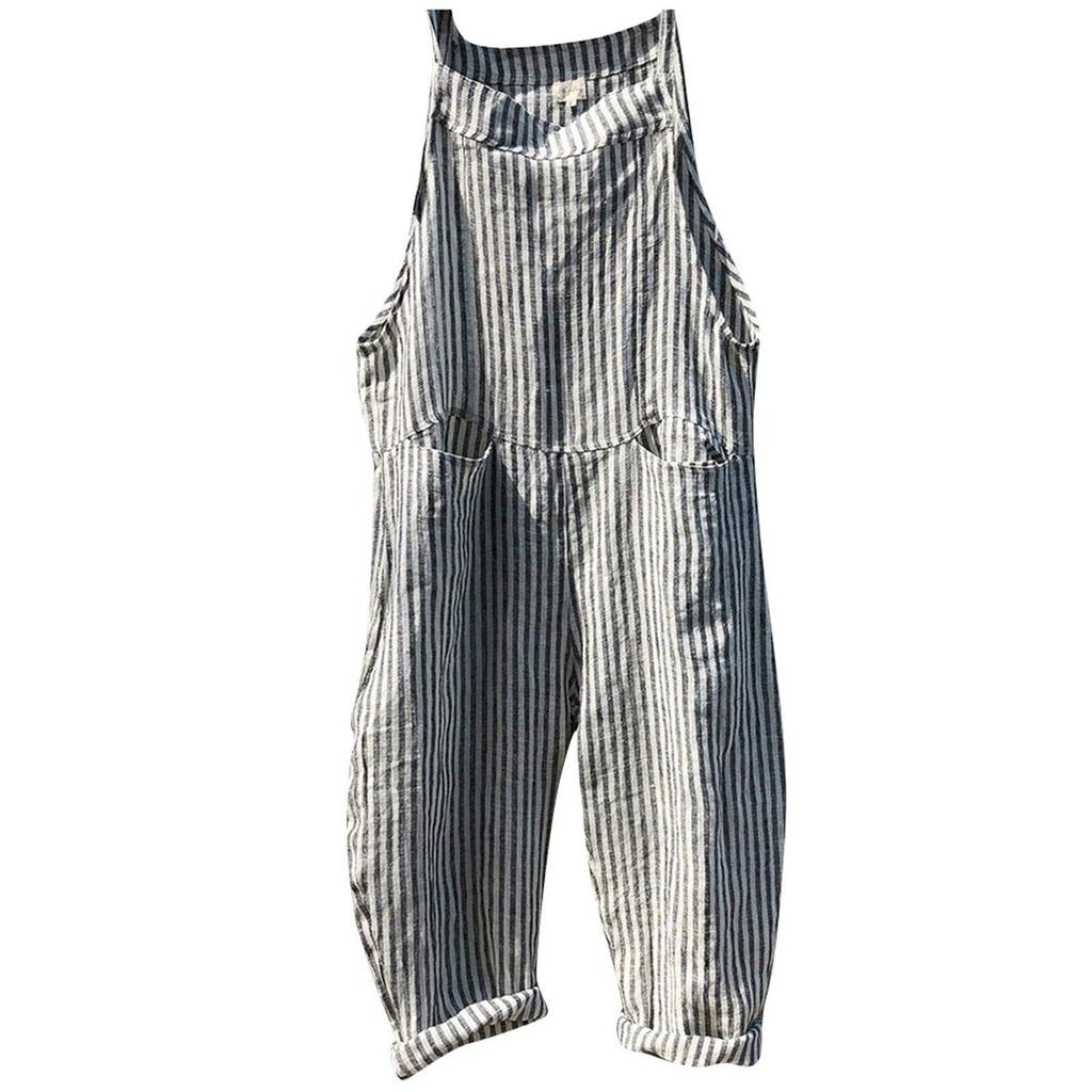 Women's Casual Fashion Pocket Tie Sleeveless Striped Jumpsuit