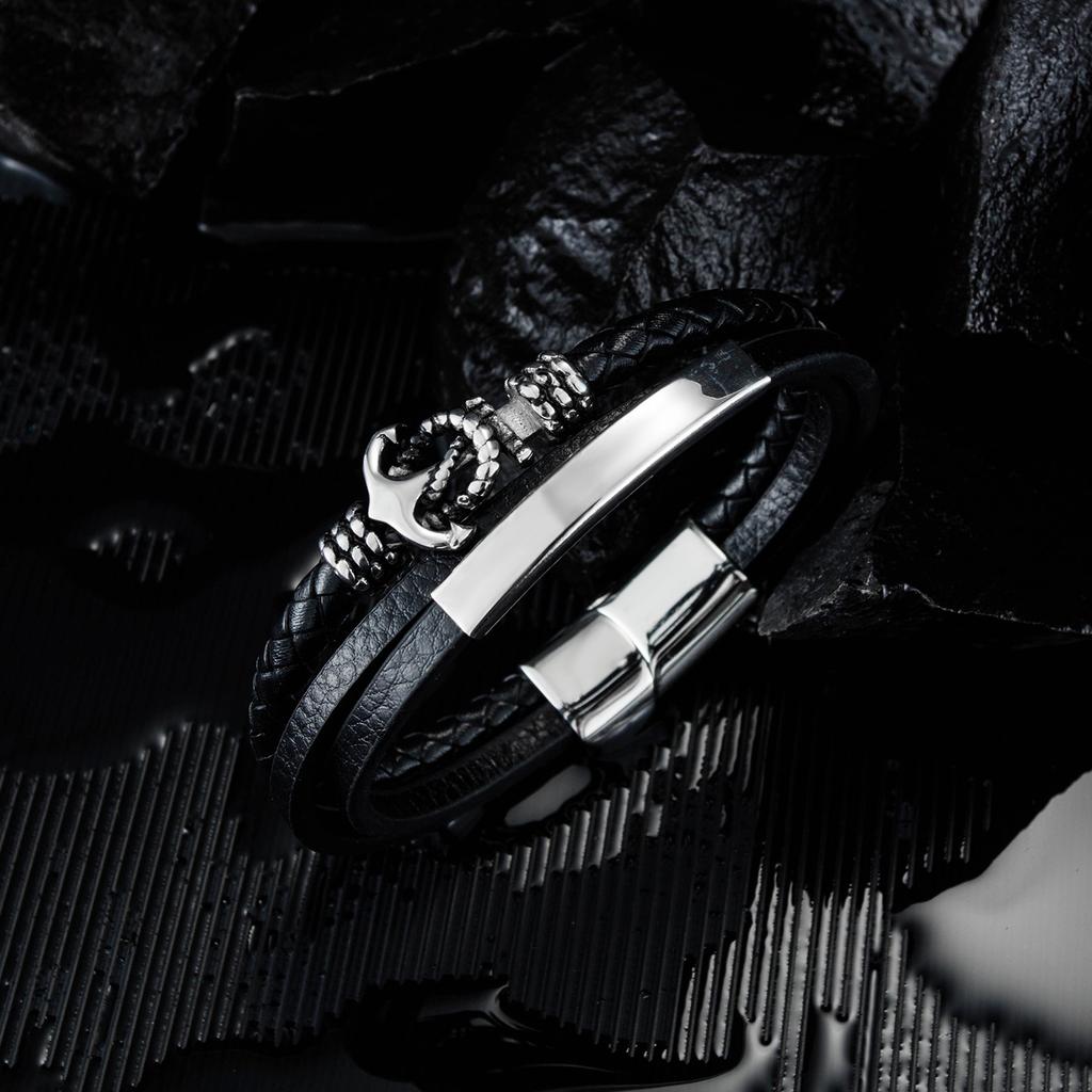 European and American Fashion Hot Selling Boat Anchor Bracelet Mens Black Leather Bracelet Layer Woven Retro Men Bracelet