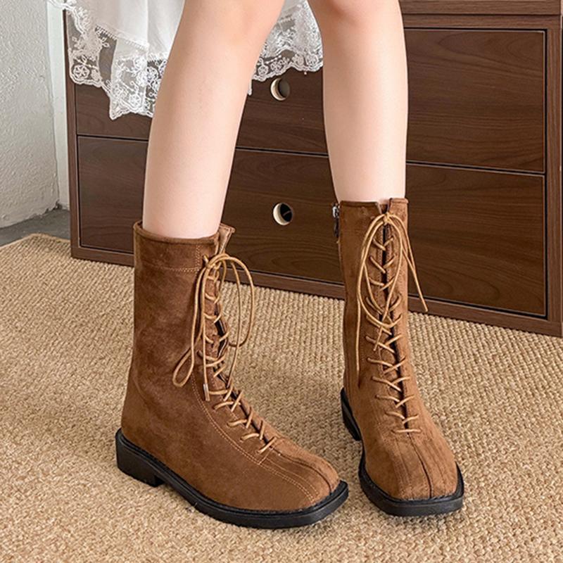 Fashion Fashion Cross Lace Up Mid Calf Boots Women Autumn Winter Low Heels Faux Suede Boots Woman Zipper Square Toe Short Booties Mujer