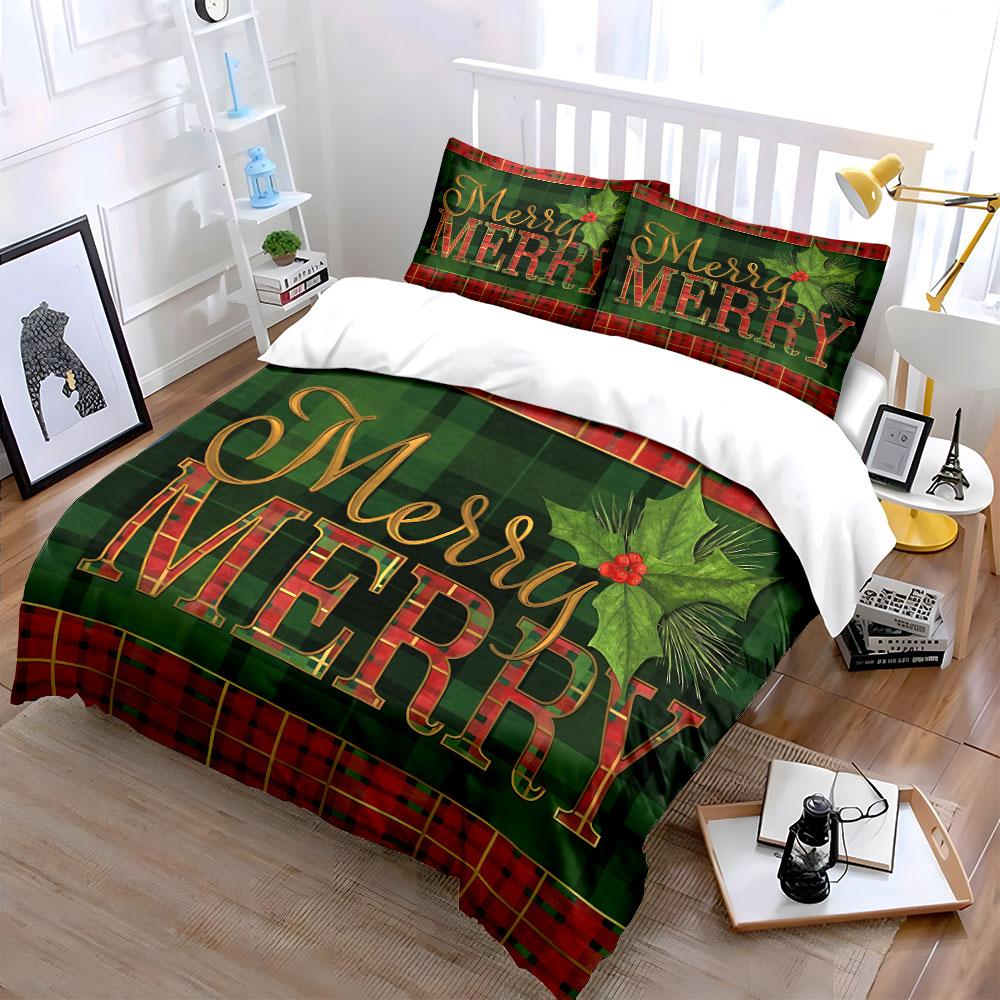 Plaid Merry Christmas Design Bedding Duvet Cover Set Duvet Cover Pillowcases  (1*Duvet Cover 2*Pillowcases, without duvet insert)