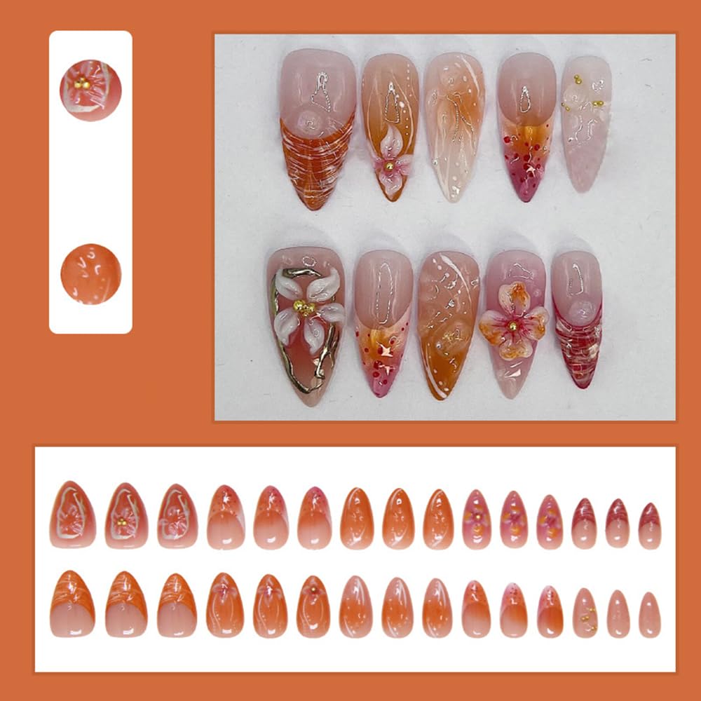 30 Pcs Orange Press on Nails Short Almond, YIHONGYAN Spring Reusable Fake Nails with 3D Flowers Gilded Design Acrylic Nail Kit Glue on Nails Full