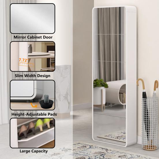 Mirror Shoe Rack Cabinet with 5 Flip Drawers, Mirrored Shoe Cabinet with Arc Design, Freestanding Tipping Shoe Organizer, Entryway,