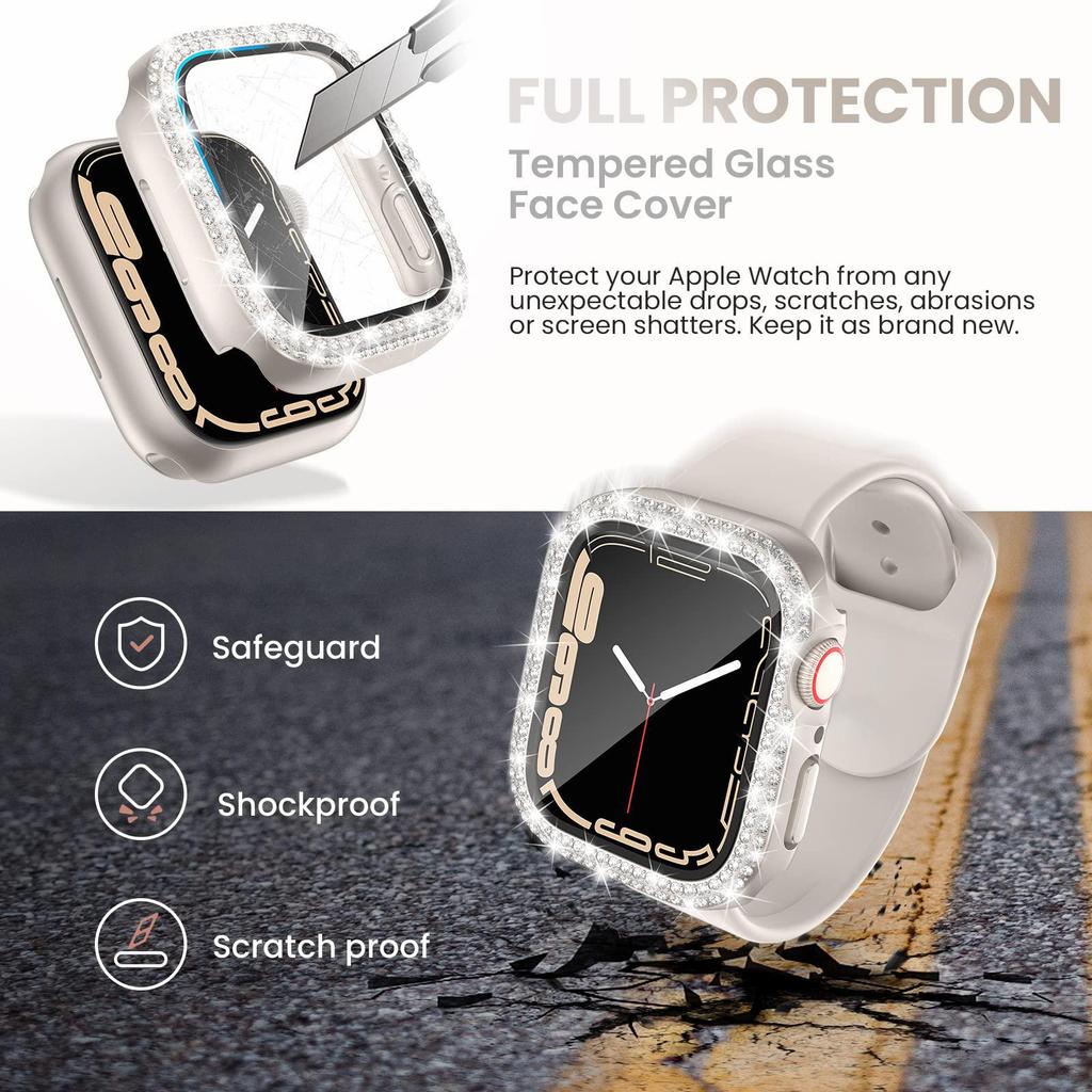Glass+Diamond Cover For Apple Watch Case 46mm 40mm 44mm 41mm 42mm 45mm Bling Bumper Protector iWatch Series 11 10 9 SE 7 8 Case