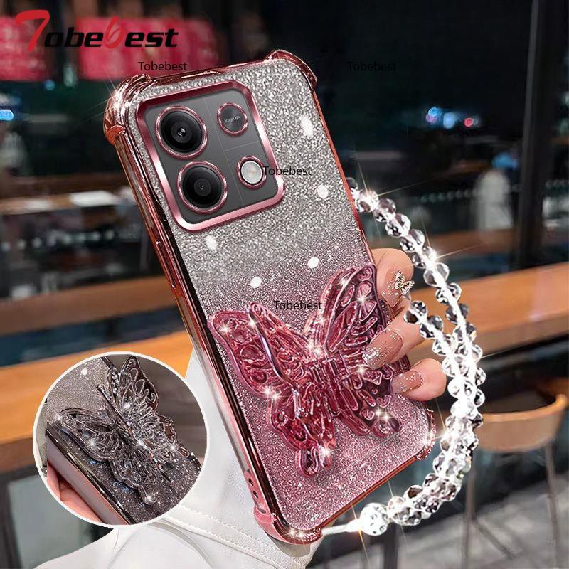 Shockproof Glitter Plating Case for Xiaomi Redmi Note 13 Pro Plus 13C 4G 5G 3D Butterfly Phone Holder Bead bracelet Back Cover