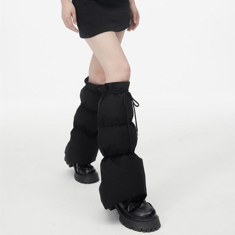 Women Winter Padded Puffer Leg Warmers for Outdoor Work and Sports Adjustable Drawstring Flared Boot Covers Long Socks