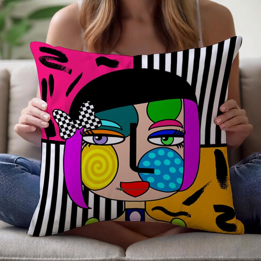 1Pc Colorful Cubist Pop Art Face Pillow Cover, Polyester 2D Double-Sided Print Cushion Case, Abstract Geometric Woman Throw Pill