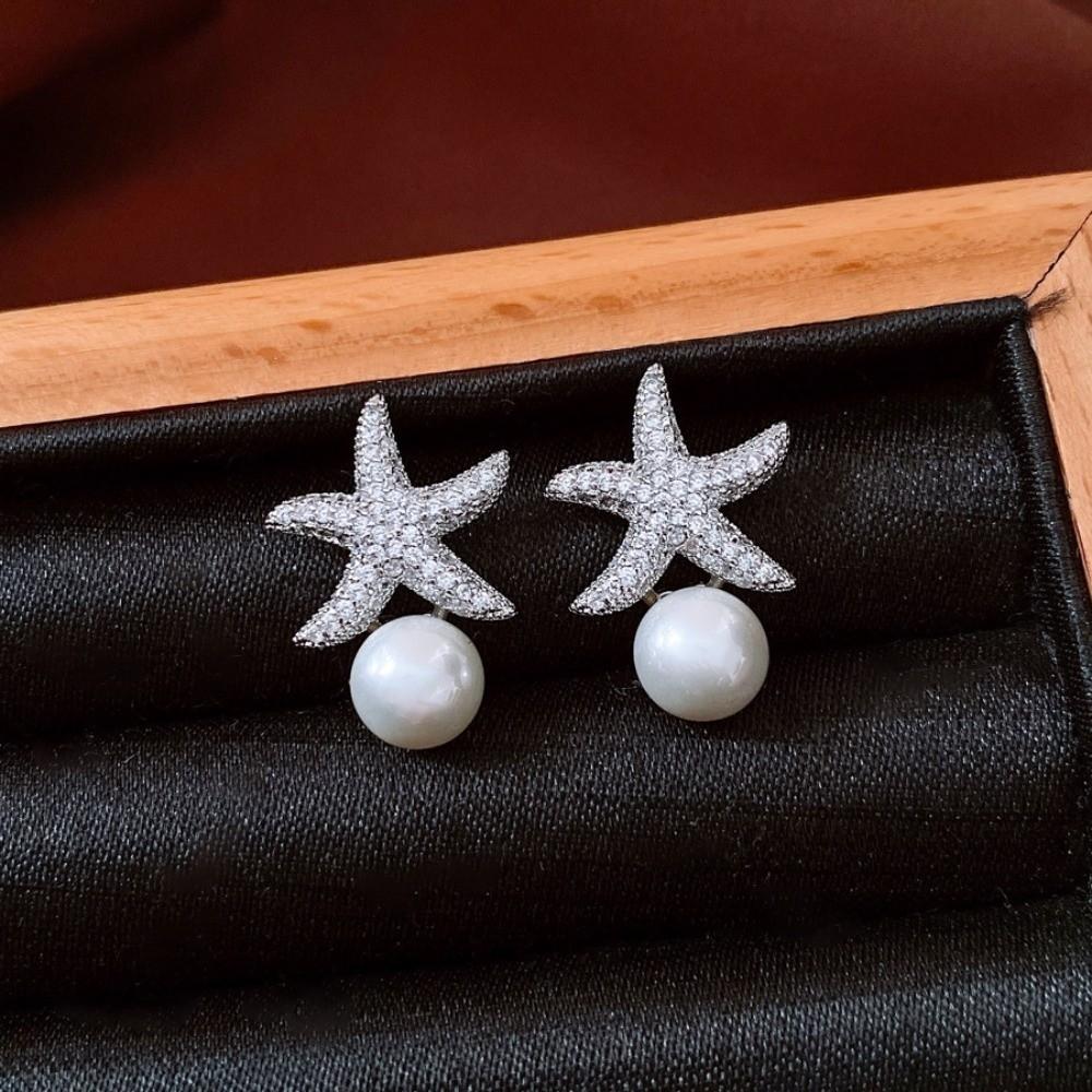 Crystal Starfish Pearl Stud Earrings Ocean Style Starfish Starfish Ear Studs  Women