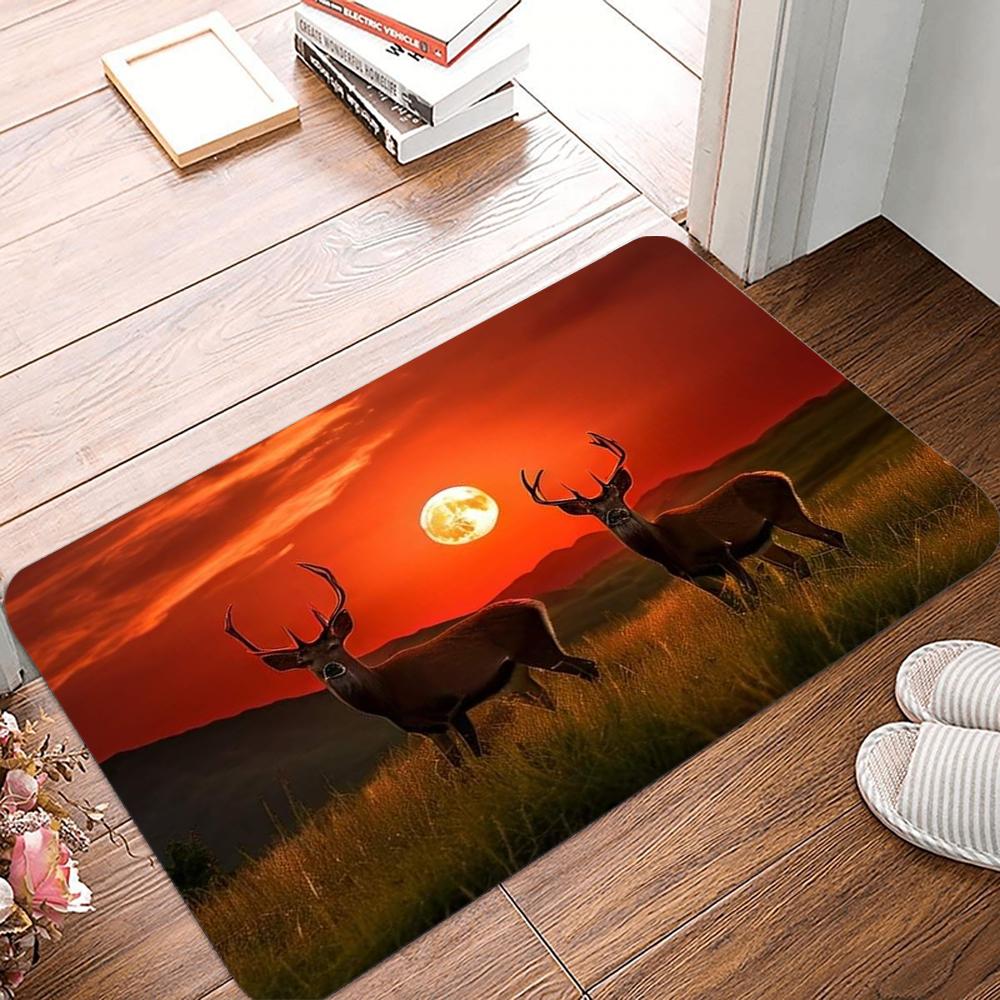 Deer and Sunset Pattern Non-Slip Waterproof Doormat Easy Clean Entrance Floor Mat Home Decor Durable So Fashion and Beautiful