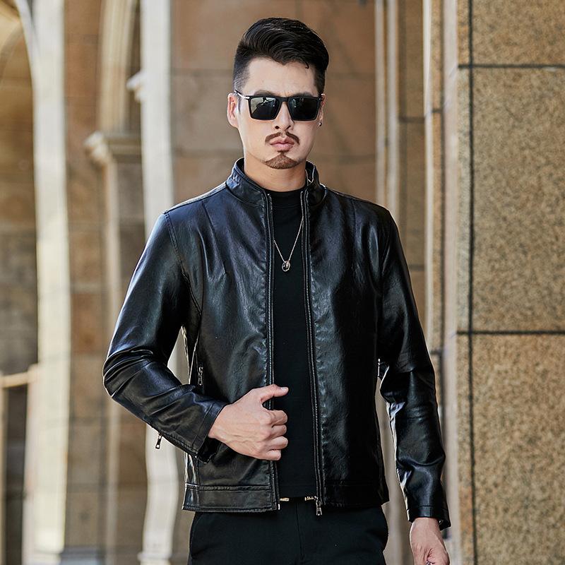 Winter new velvet leather jacket men's casual fashion trendy leather jacket men's thermal stand-up collar jacket men's clothing