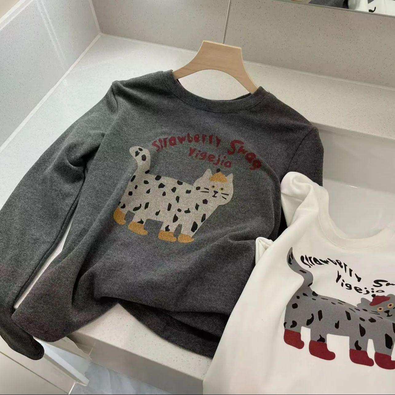 

Женская футболка с длинным рукавом из двустороннего флиса с мультяшным принтом кошки - 2025 Утягивающий, теплый базовый слой для весны и осени. S(30-40kg)