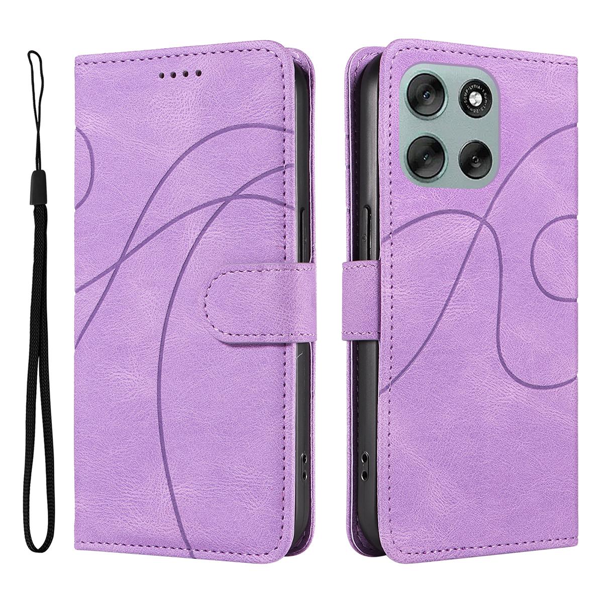 

For Motorola Moto G56 5G Wallet Case Leather Phone Cover Stand with Curved Line Design Light Purple